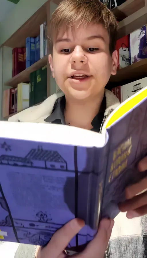 a young boy reading a book in a library