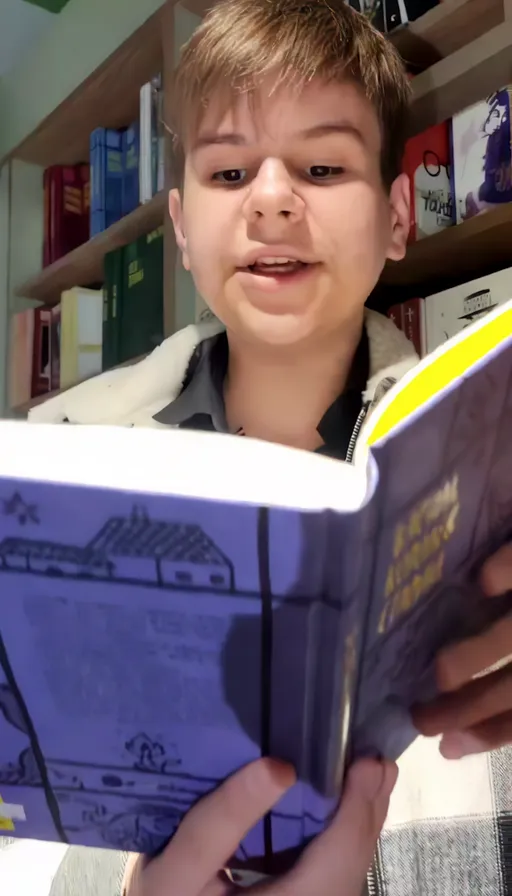 a young boy reading a book in a library