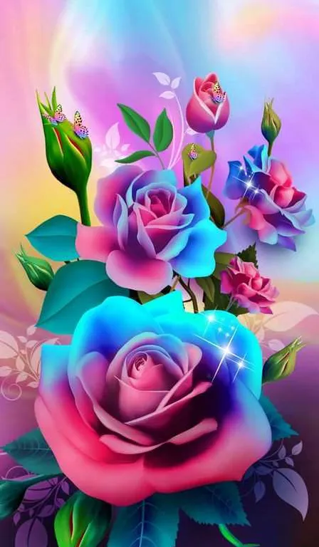 a painting of a bouquet of roses on a colorful background