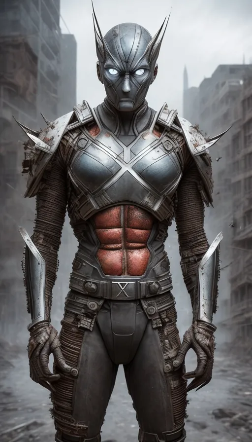 a man in armor standing in the middle of a city
