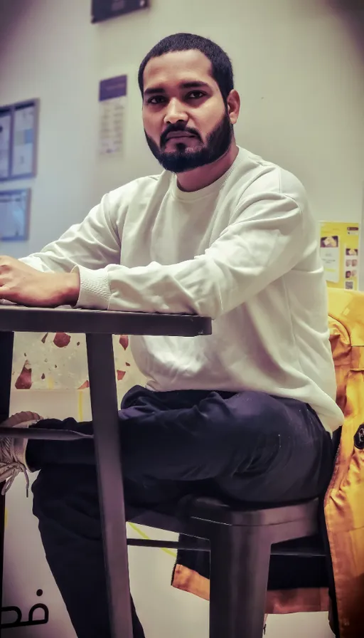 a man sitting at a table with his arms crossed