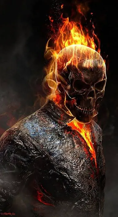 a man in a black suit with flames on his face