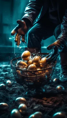 a person in black jacket holding a basket filled with gold balls