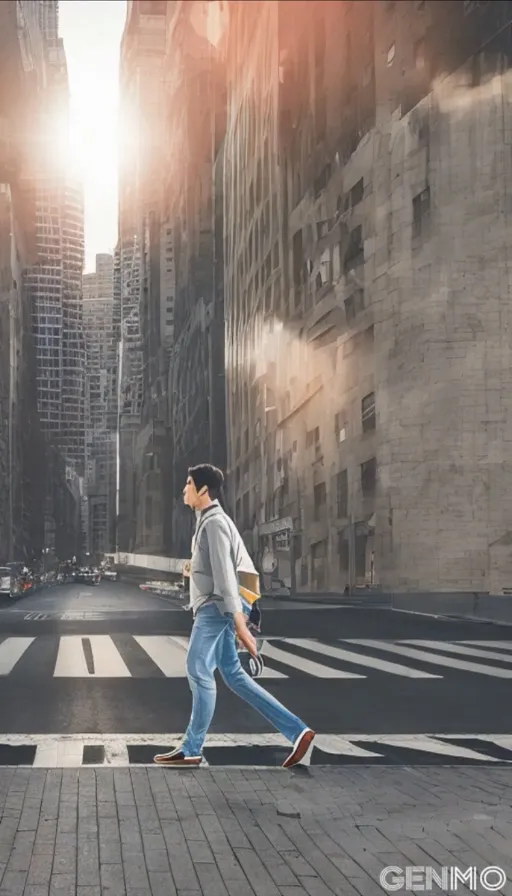 a man walking across a cross walk in the middle of a city