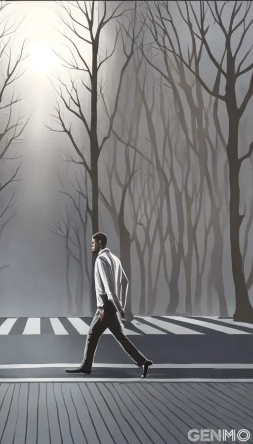 a painting of a man walking across a street. make the man look tired and scared