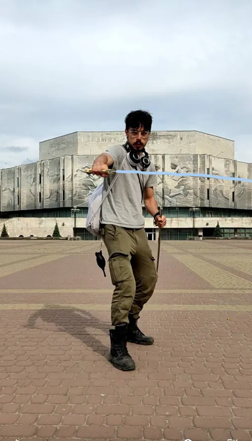 a man holding a stick in front of a building