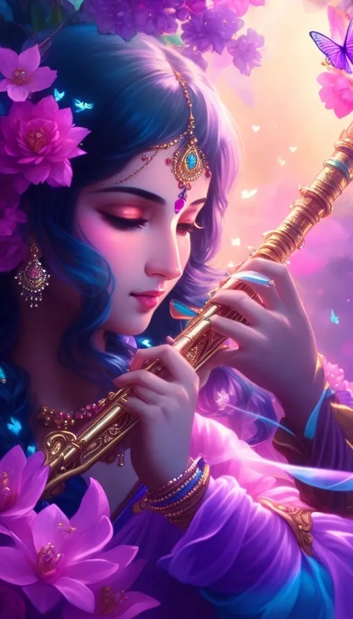 a woman in a purple dress holding a flute