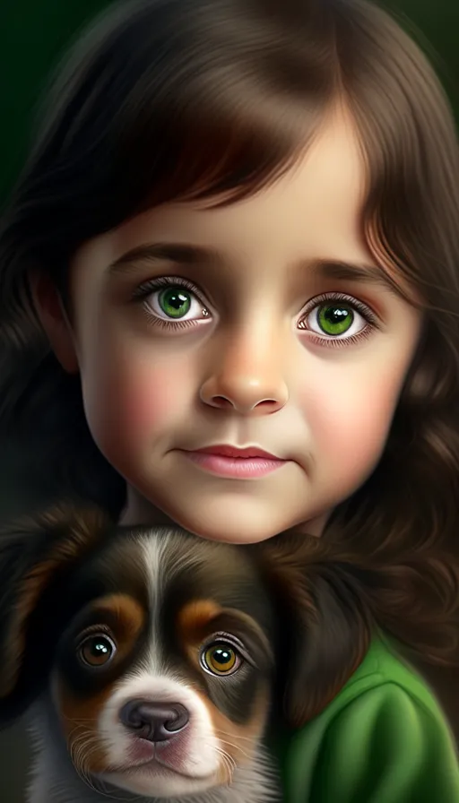 a painting of a little girl holding a dog