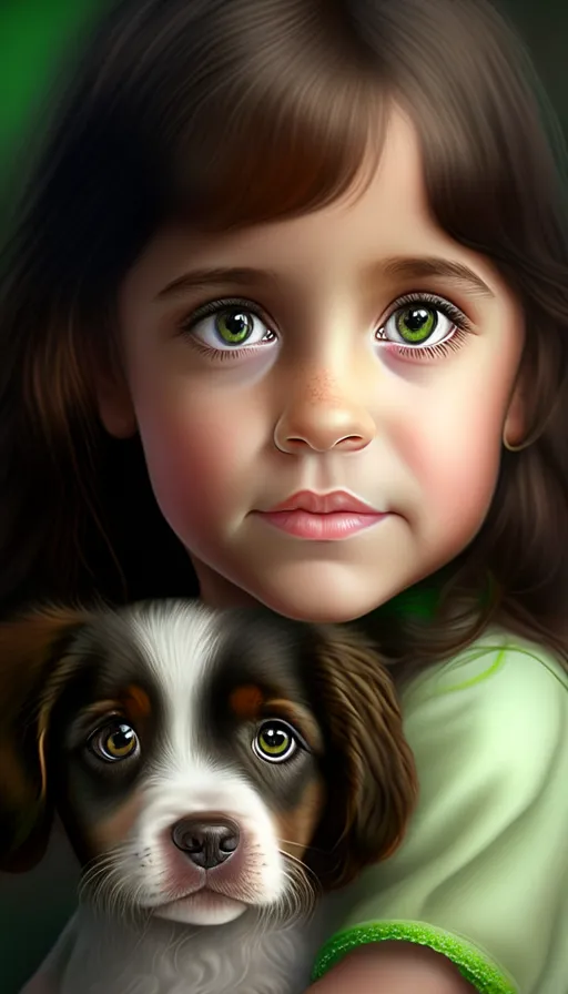 a painting of a little girl holding a dog
