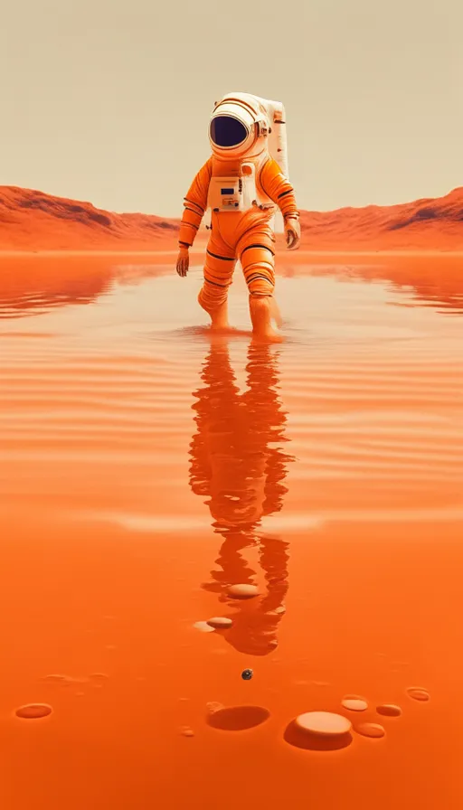 a man in an orange space suit walking across a body of water