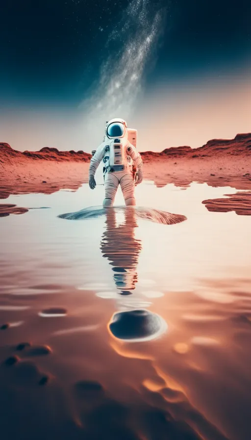 an astronaut walking across a body of water