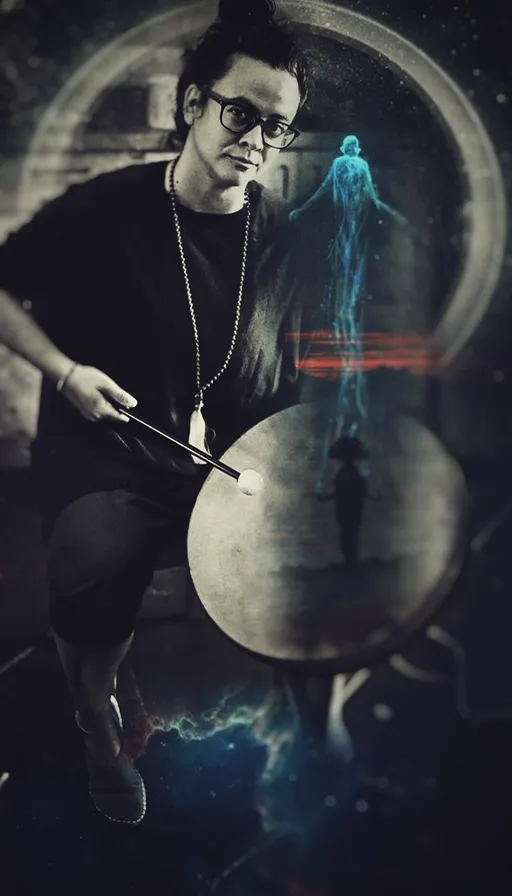 a man holding a drum in front of a picture of a person