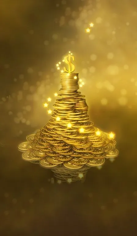 a christmas tree made of gold coins