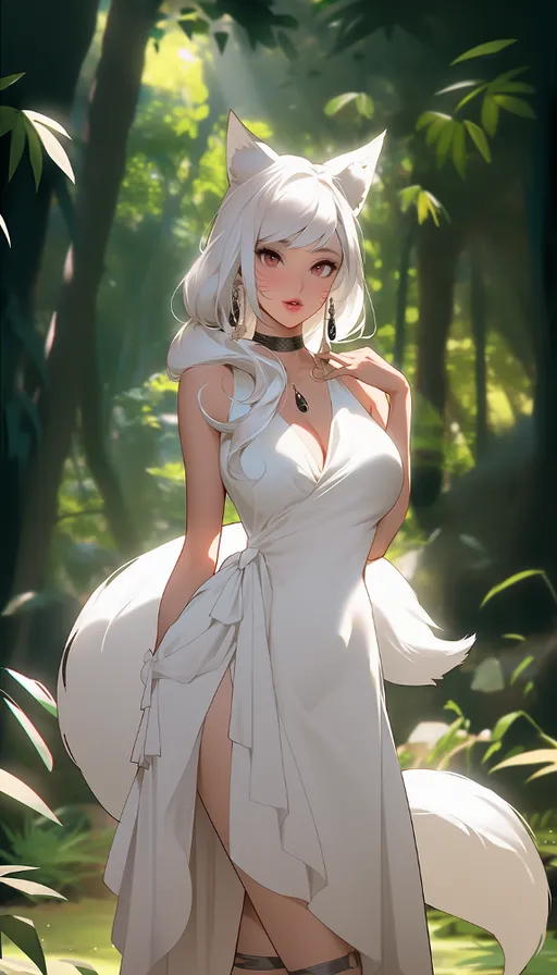 a woman in a white dress standing in a forest
