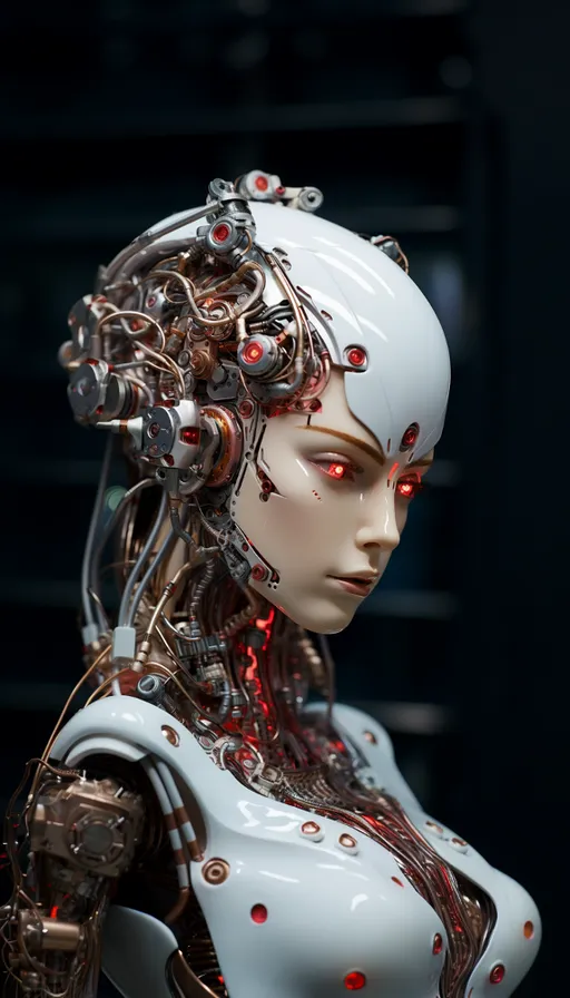 a white mannequin with red eyes and metal parts