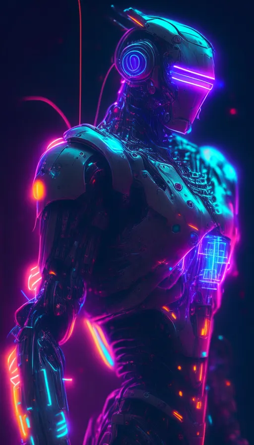 a robot with glowing neon lights in the dark