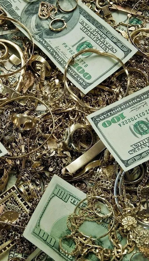 a pile of dollar bills sitting on top of a pile of gold chains