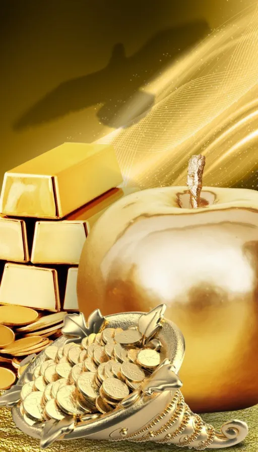 a golden apple and a pile of gold coins