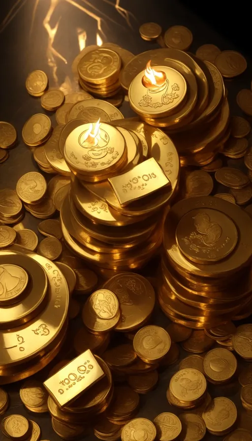 a pile of gold coins with a lit candle