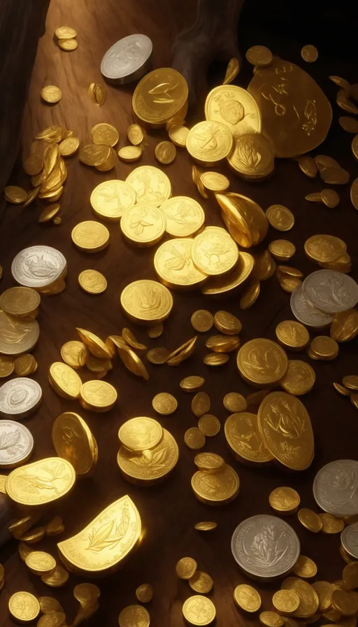 a pile of gold coins sitting on top of a table