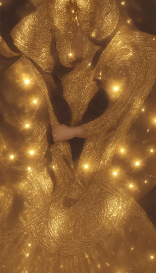 a woman in a gold dress with lights around her