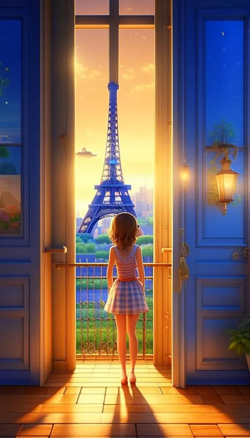 a little girl standing in front of an open door with the eiffel tower