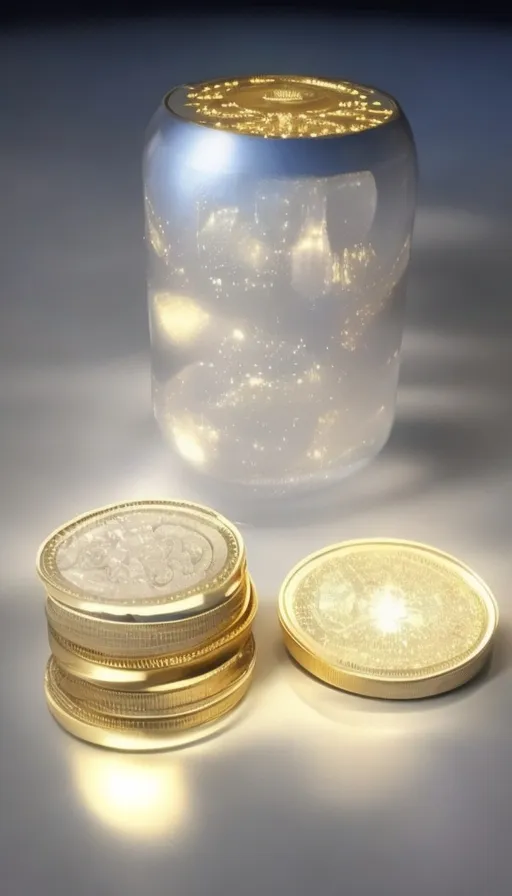 a glass jar filled with gold coins sitting on top of a table