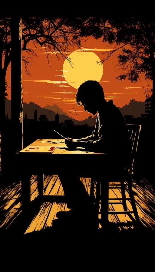 a person sitting at a table in front of a sunset