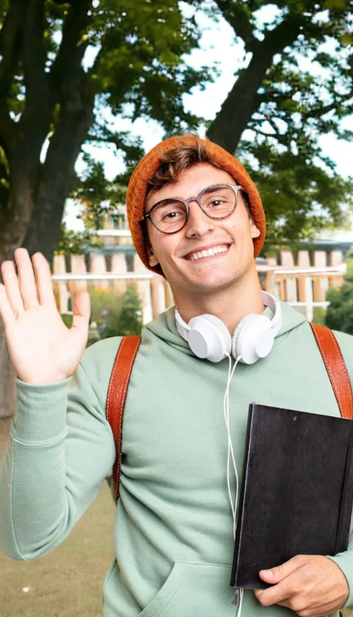 a man wearing headphones and holding a book