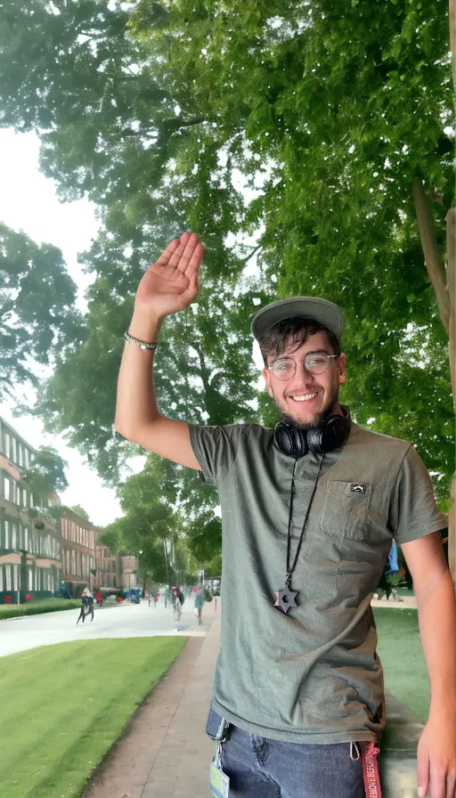a man standing in front of a tree with headphones on