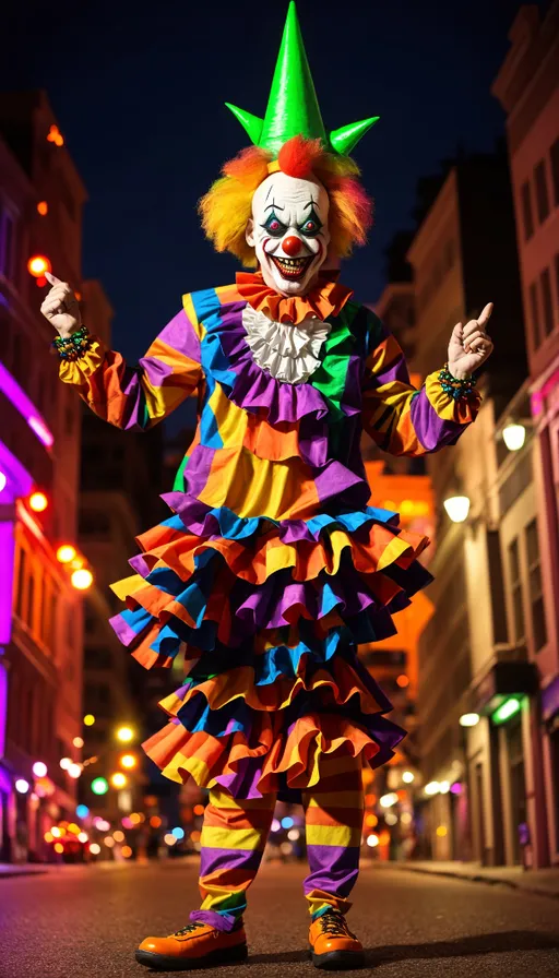 a man dressed in a clown costume on a city street