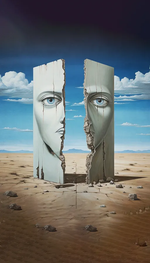 a painting of two faces in the middle of a desert