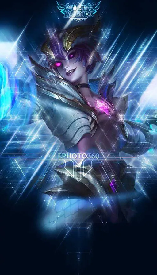 a woman with purple hair and a blue background