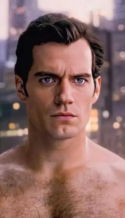 a close up of a shirtless man with a city in the background