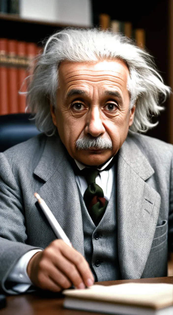 Albert Einstein sitting at a desk unhappy face