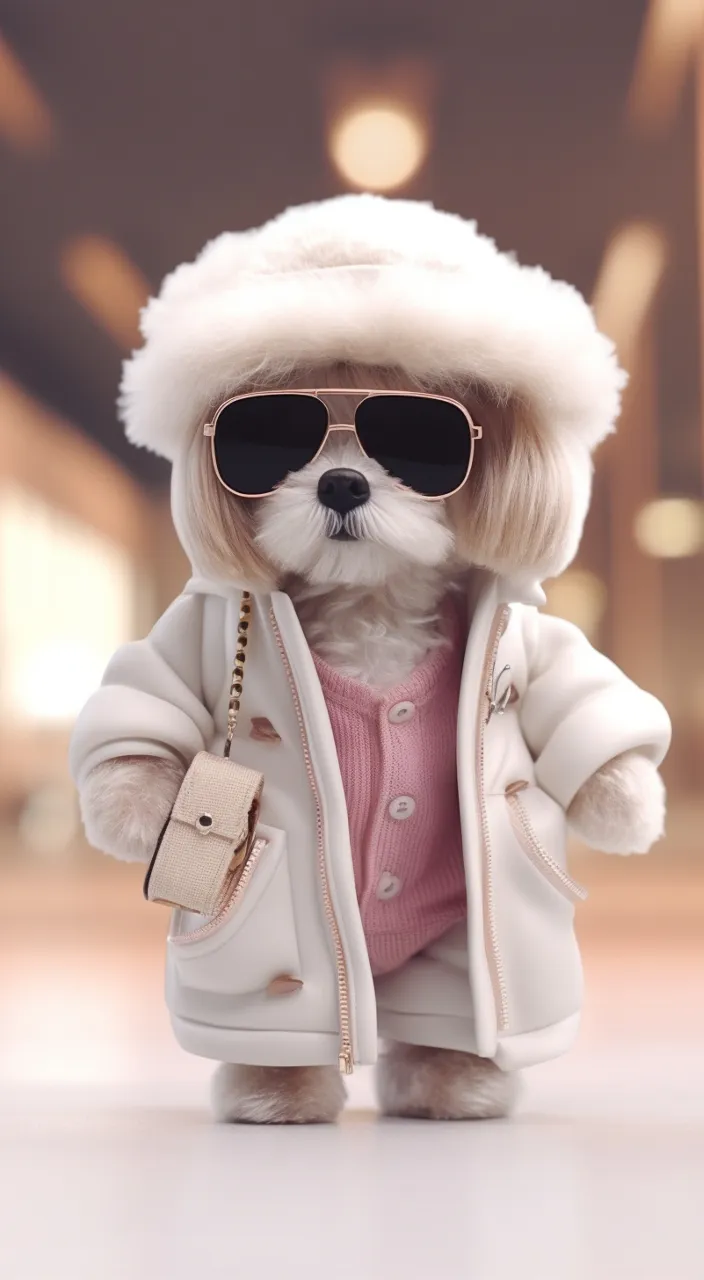 a small puffy white dog wearing sunglasses and a coat, holding a cell phone