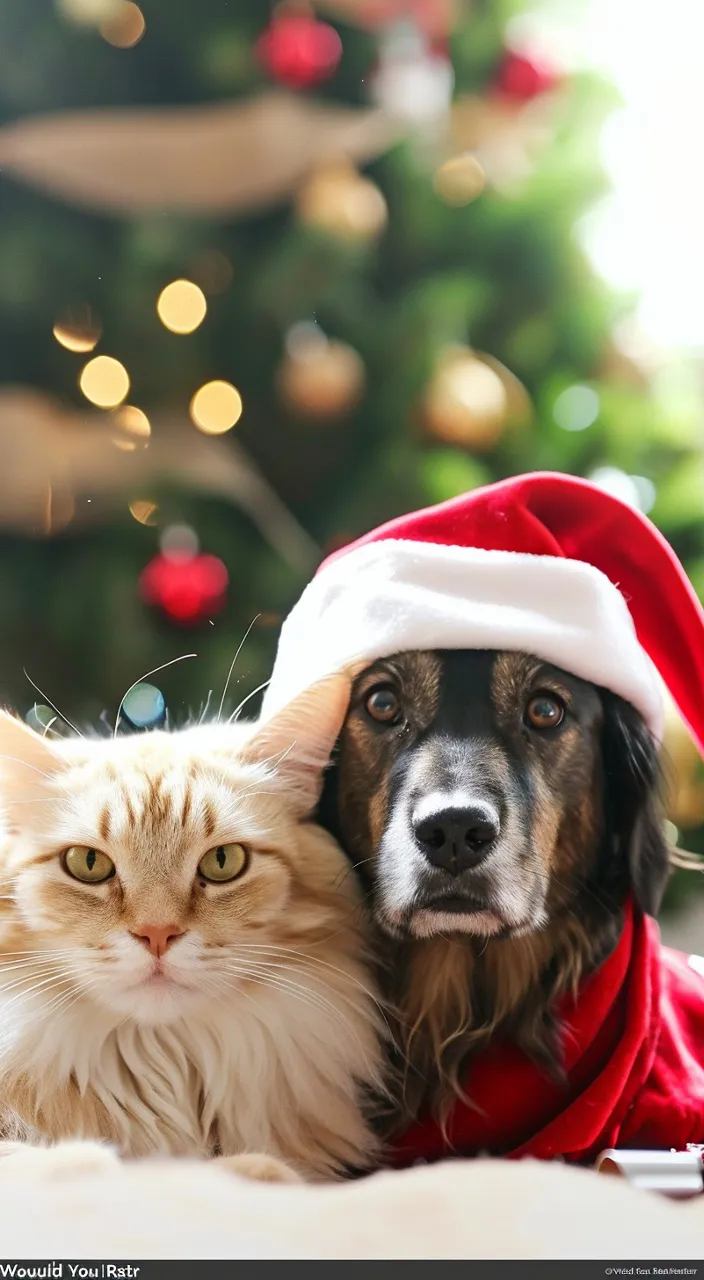 a dog and a cat dressed up for christmas