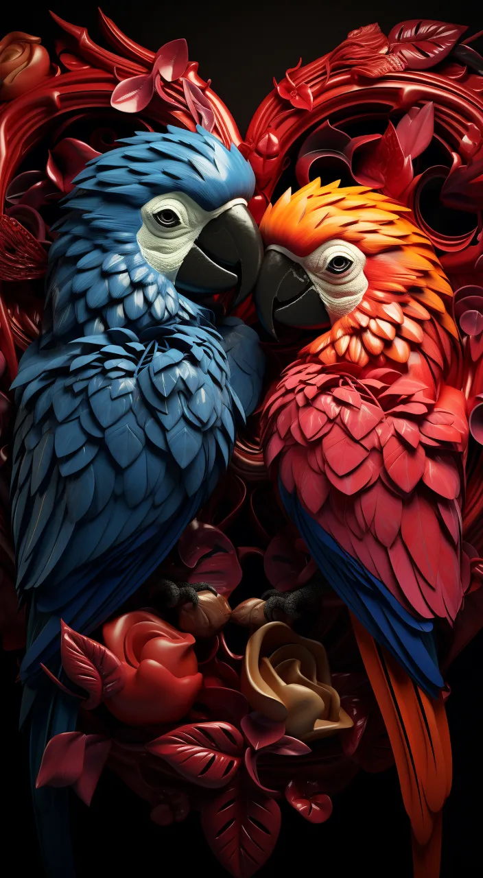 a couple of colorful birds sitting on top of each other