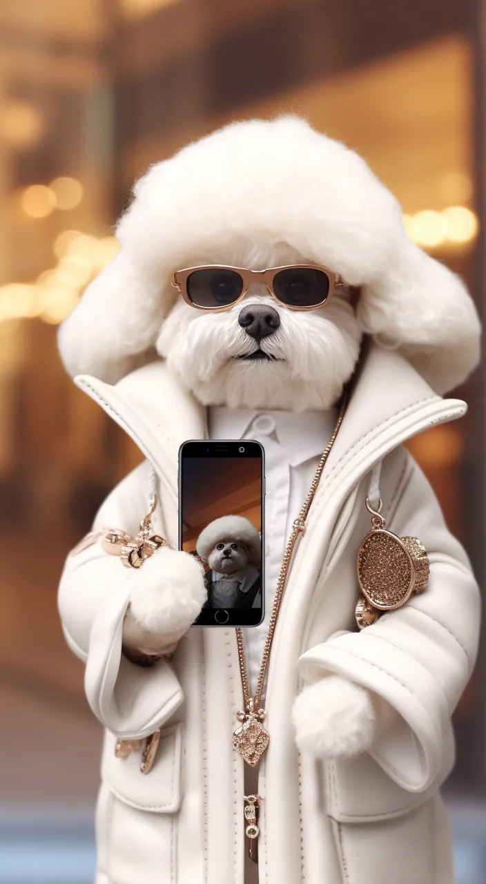 a dog dressed in a white coat and sunglasses taking a picture with a cell phone