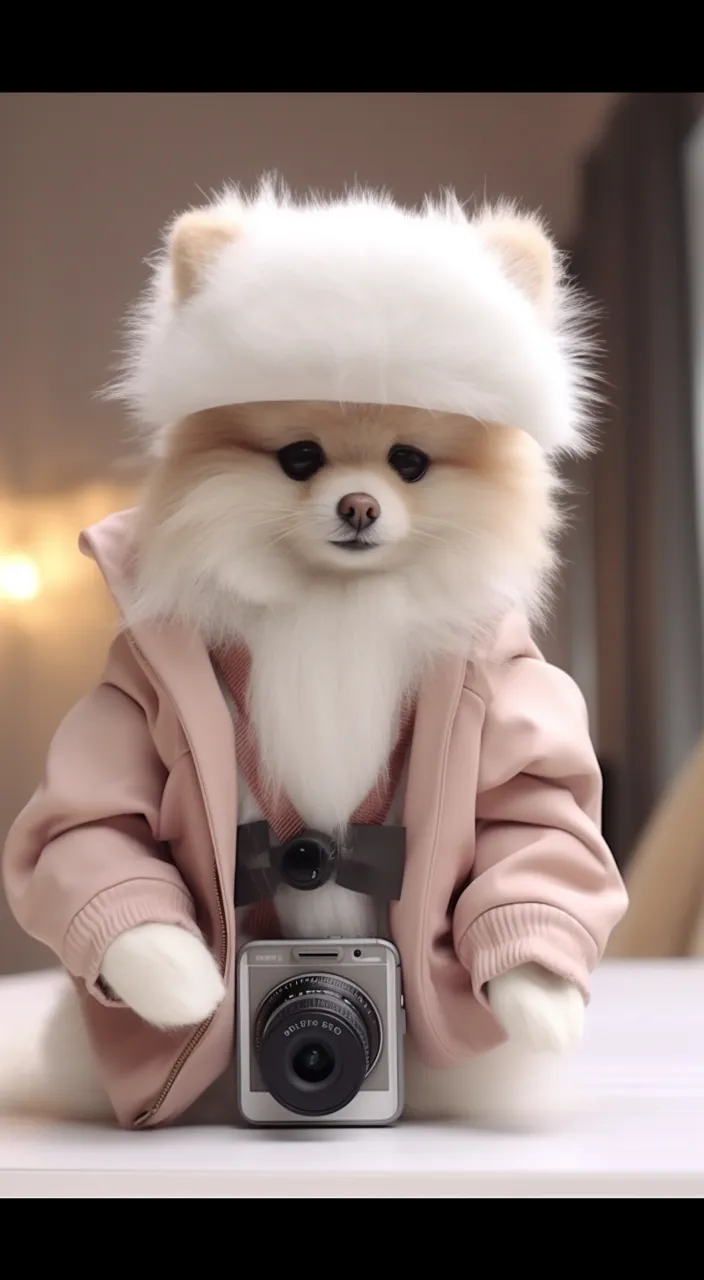 a small maltese dog in a pink louis vuitton coat and hat taking a picture with a camera