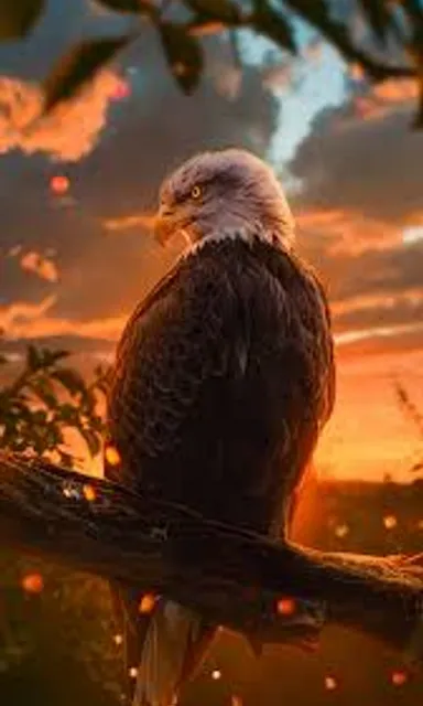 an eagle sitting on a tree branch at sunset