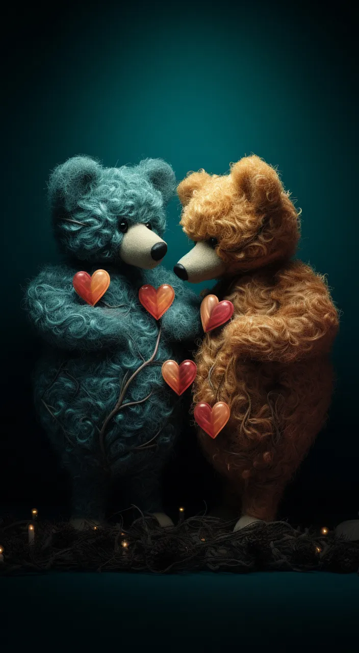 a couple of teddy bears hugging each other with small hearts all around, valentine's day style