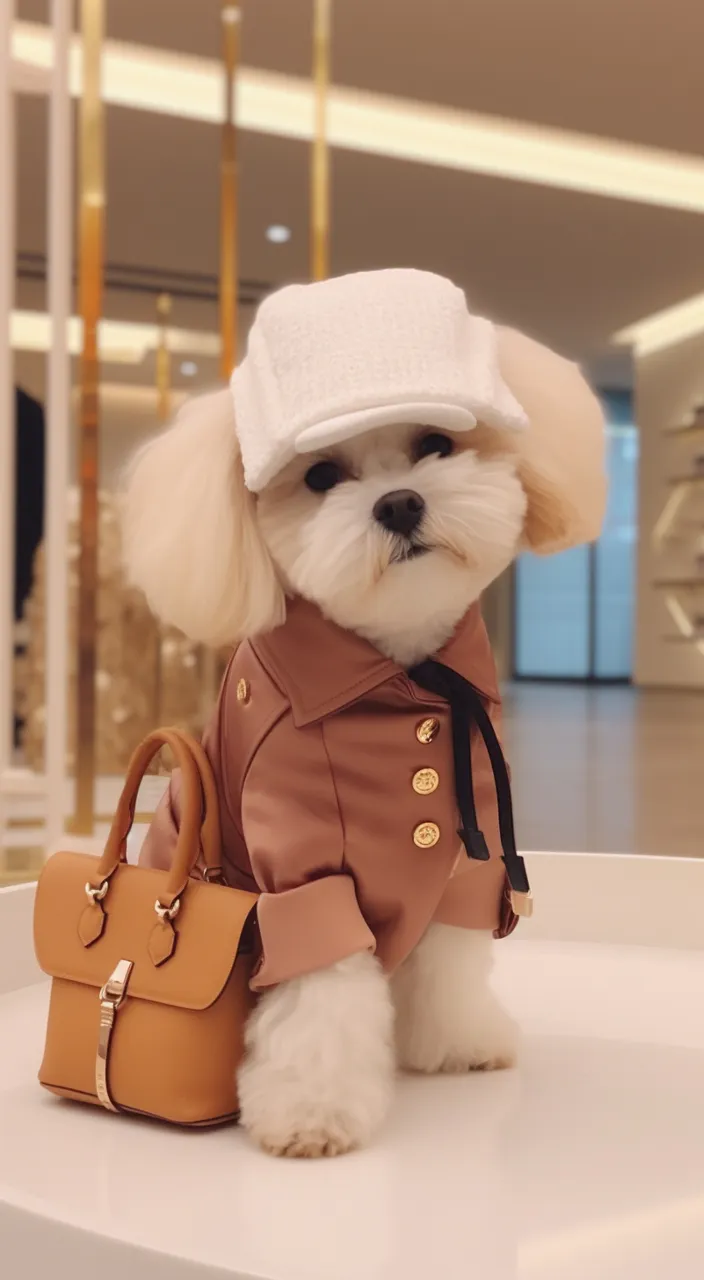 a small white dog wearing a brown coat and hat