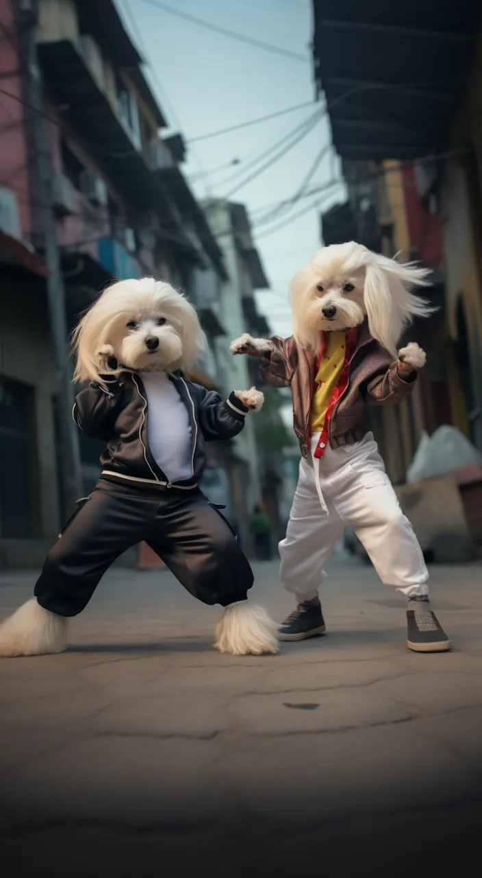 a couple of white silky young Maltese dogs that are practicing karate in the street