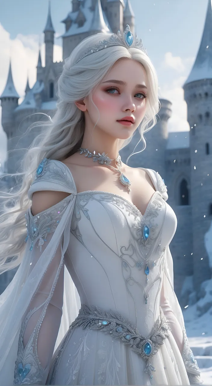 a woman in a white dress standing in front of a castle blink your eyes