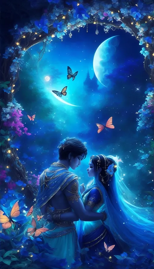 A Painting of a Man and Woman Looking at Each Other in a Love Garden. RADHA WITH KRISHNA LOVE GARDEN FLOWERS CROWN Lord shree krishna radha together passion, sharp particles behind, color clouds, vfx, cinematic, realistic, larger then life, hit definition , cinematic,Rough sketch, mix of bold dark lines and loose lines, bold lines, on paper