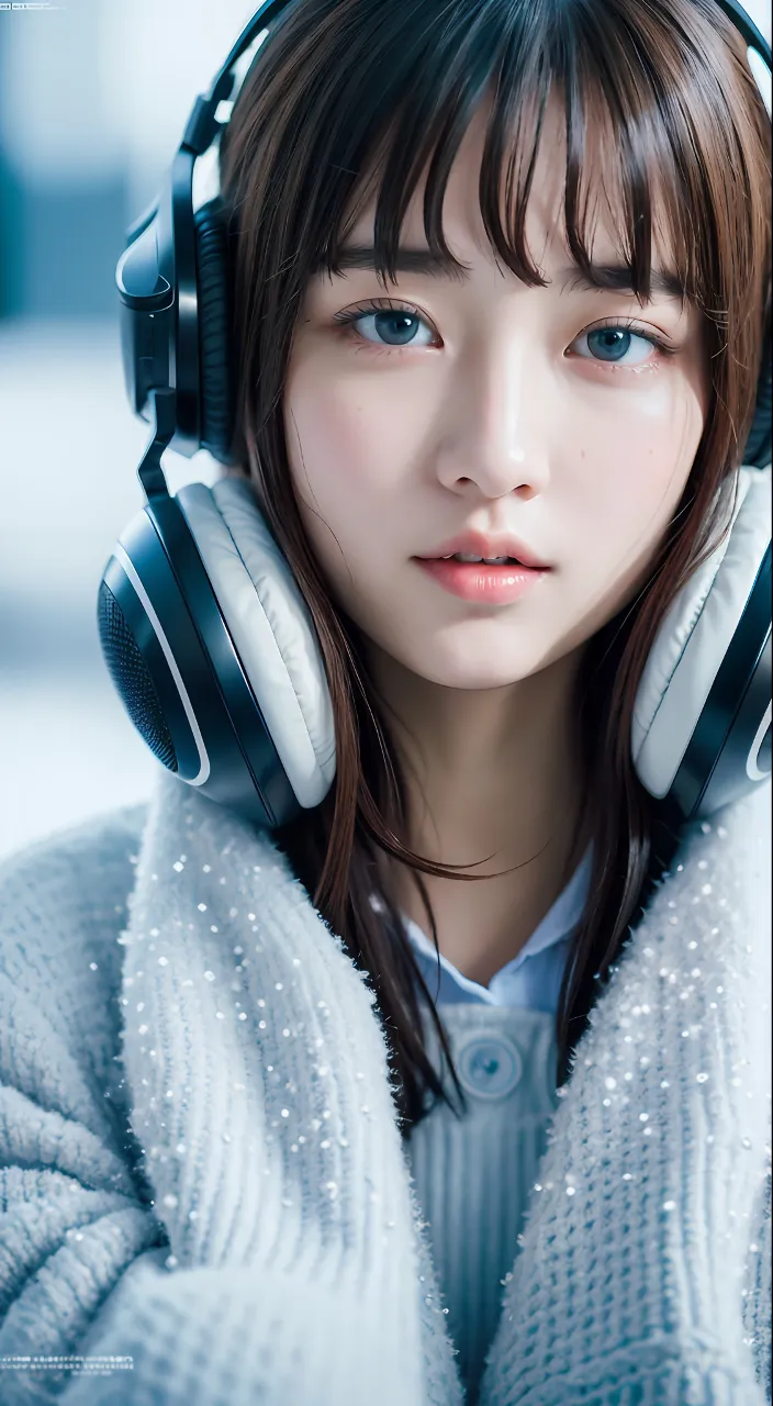 a young woman wearing headphones and a sweater