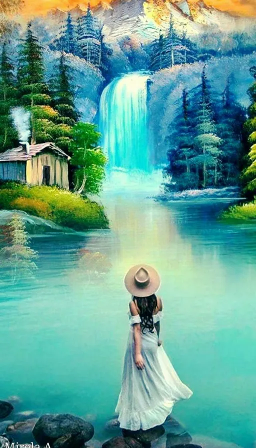 a painting of a woman standing in front of a waterfall