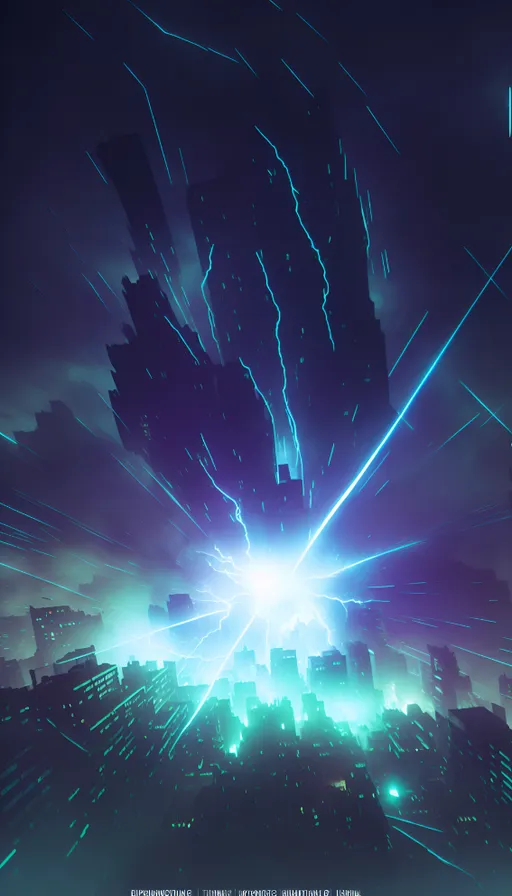 a futuristic cityscape with neon lights in the sky