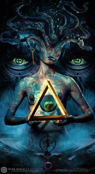 a woman holding a triangle with eyes on it